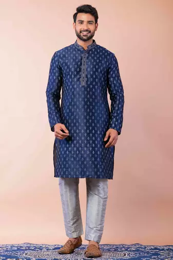 navy blue dupion kurta pyjama set for men with solid design