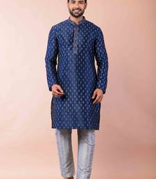 navy blue dupion kurta pyjama set for men with solid design