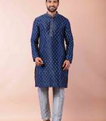 navy blue dupion kurta pyjama set for men with solid design