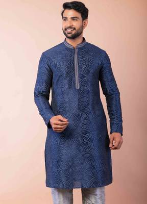 navy blue dupion kurta pyjama set for men with solid design 3