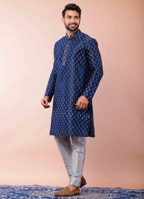 navy blue dupion kurta pyjama set for men with solid design 2