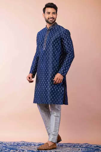 navy blue dupion kurta pyjama set for men with solid design
