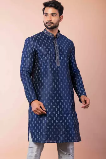 navy blue dupion kurta pyjama set for men with solid design