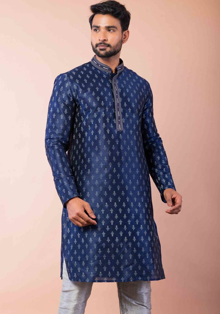 navy blue dupion kurta pyjama set for men with solid design
