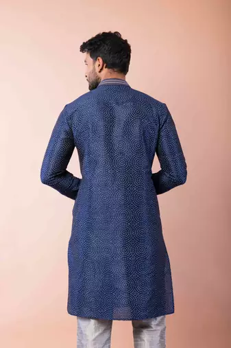 navy blue dupion kurta pyjama set for men with solid design