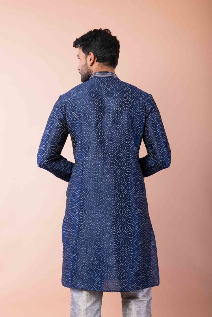 navy blue dupion kurta pyjama set for men with solid design
