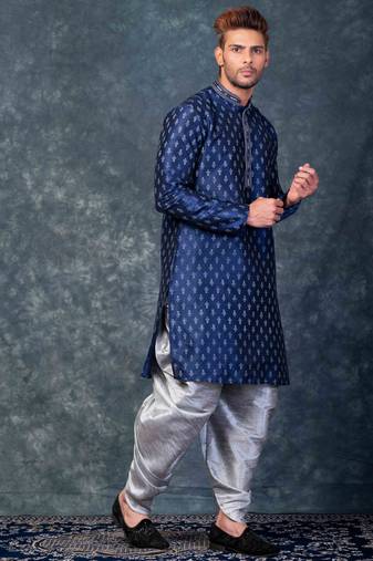 navy blue  kurta dhoti  set for men with embroidered work