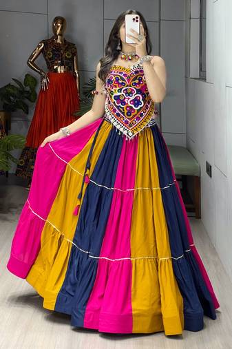 MULTI COLOR RAYON COTTON EMBROIDERY NAVRATRI TOP CHANIYA CHOLI- full stitched free size