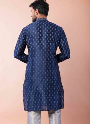 navy blue dupion kurta pyjama set for men with solid design 4