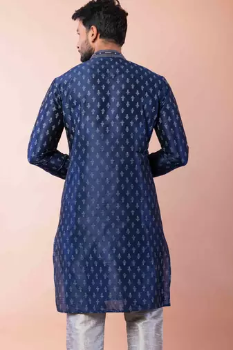 navy blue dupion kurta pyjama set for men with solid design