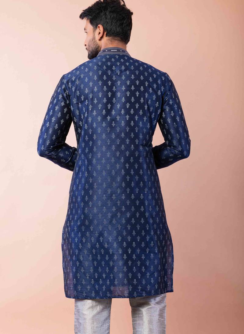 navy blue dupion kurta pyjama set for men with solid design