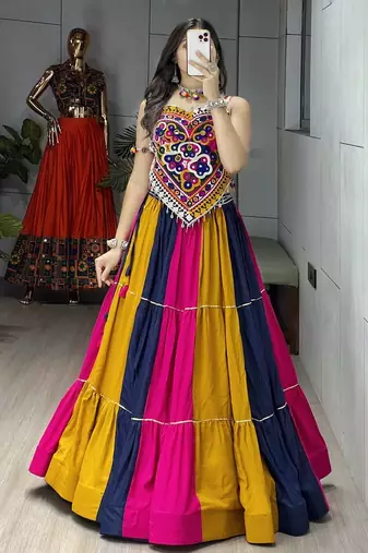 MULTI COLOR RAYON COTTON EMBROIDERY NAVRATRI TOP CHANIYA CHOLI- full stitched free size