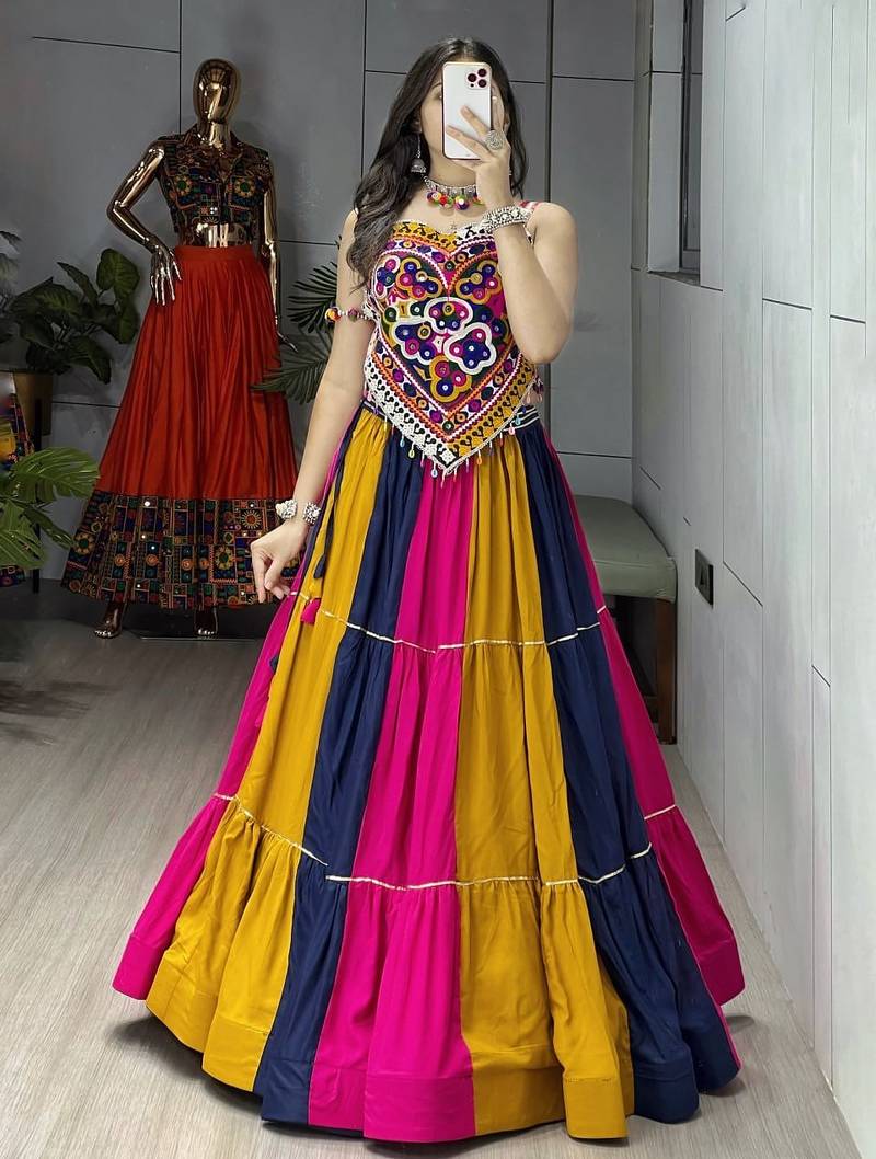 MULTI COLOR RAYON COTTON EMBROIDERY NAVRATRI TOP CHANIYA CHOLI- full stitched free size