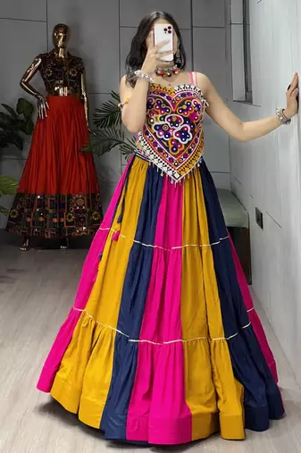 MULTI COLOR RAYON COTTON EMBROIDERY NAVRATRI TOP CHANIYA CHOLI- full stitched free size