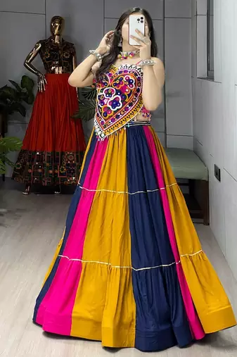 MULTI COLOR RAYON COTTON EMBROIDERY NAVRATRI TOP CHANIYA CHOLI- full stitched free size