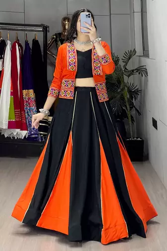 ORANGE COLORE RAYON COTTON EMBROIDERY NAVRATRI TOP CHANIYA CHOLI- full stitched free size
