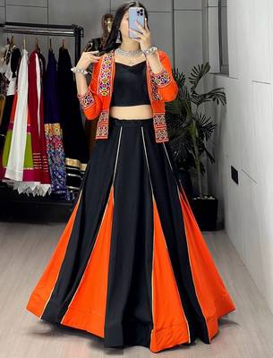 ORANGE COLORE RAYON COTTON EMBROIDERY NAVRATRI TOP CHANIYA CHOLI- full stitched free size 2