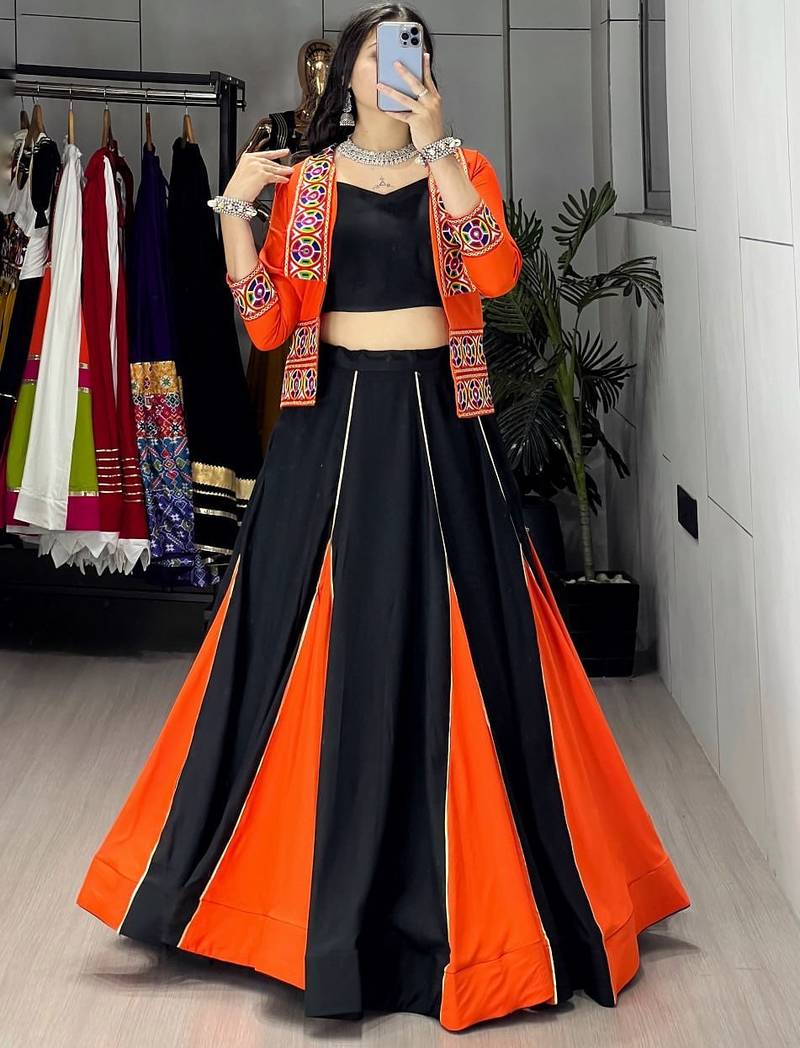 ORANGE COLORE RAYON COTTON EMBROIDERY NAVRATRI TOP CHANIYA CHOLI- full stitched free size