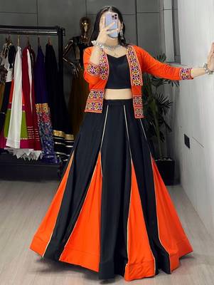 ORANGE COLORE RAYON COTTON EMBROIDERY NAVRATRI TOP CHANIYA CHOLI- full stitched free size 3