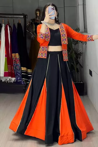 ORANGE COLORE RAYON COTTON EMBROIDERY NAVRATRI TOP CHANIYA CHOLI- full stitched free size