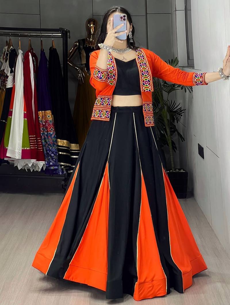 ORANGE COLORE RAYON COTTON EMBROIDERY NAVRATRI TOP CHANIYA CHOLI- full stitched free size