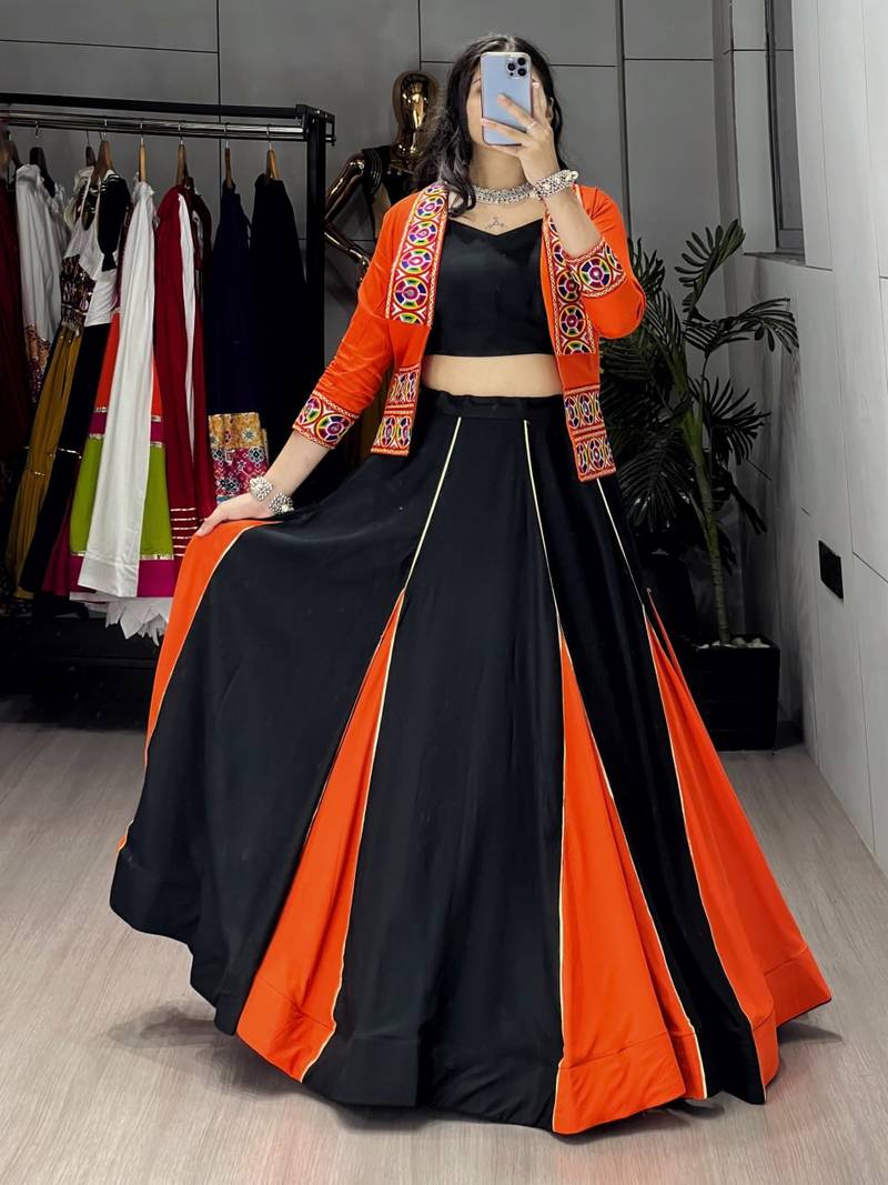 ORANGE COLORE RAYON COTTON EMBROIDERY NAVRATRI TOP CHANIYA CHOLI- full stitched free size