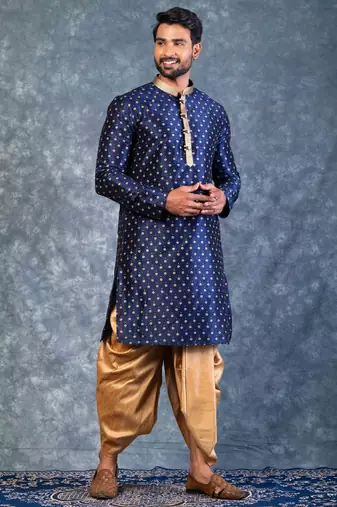 navy blue  kurta dhoti  set for men with embroidered work