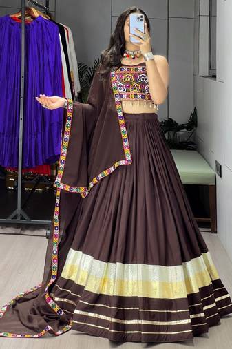 BRAWN RAYON COTTON EMBROIDERY NAVRATRI TOP CHANIYA CHOLI- full stitched free size