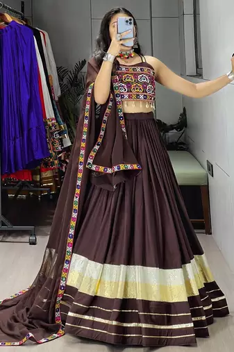 BRAWN RAYON COTTON EMBROIDERY NAVRATRI TOP CHANIYA CHOLI- full stitched free size