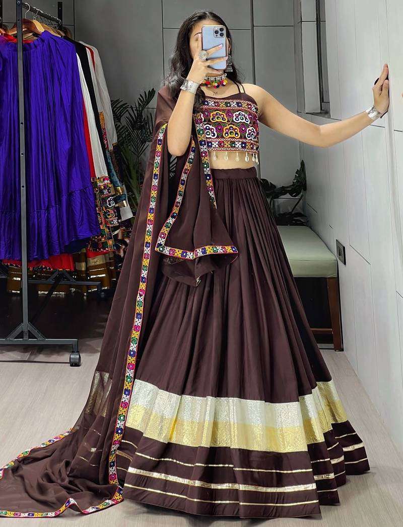 BRAWN RAYON COTTON EMBROIDERY NAVRATRI TOP CHANIYA CHOLI- full stitched free size
