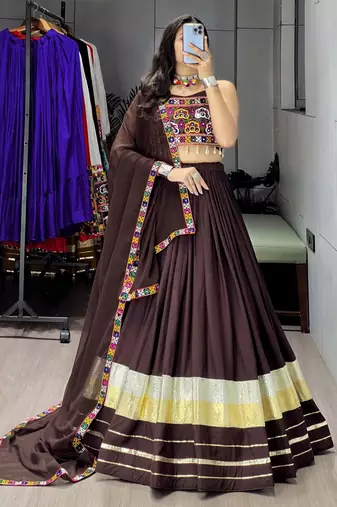 BRAWN RAYON COTTON EMBROIDERY NAVRATRI TOP CHANIYA CHOLI- full stitched free size