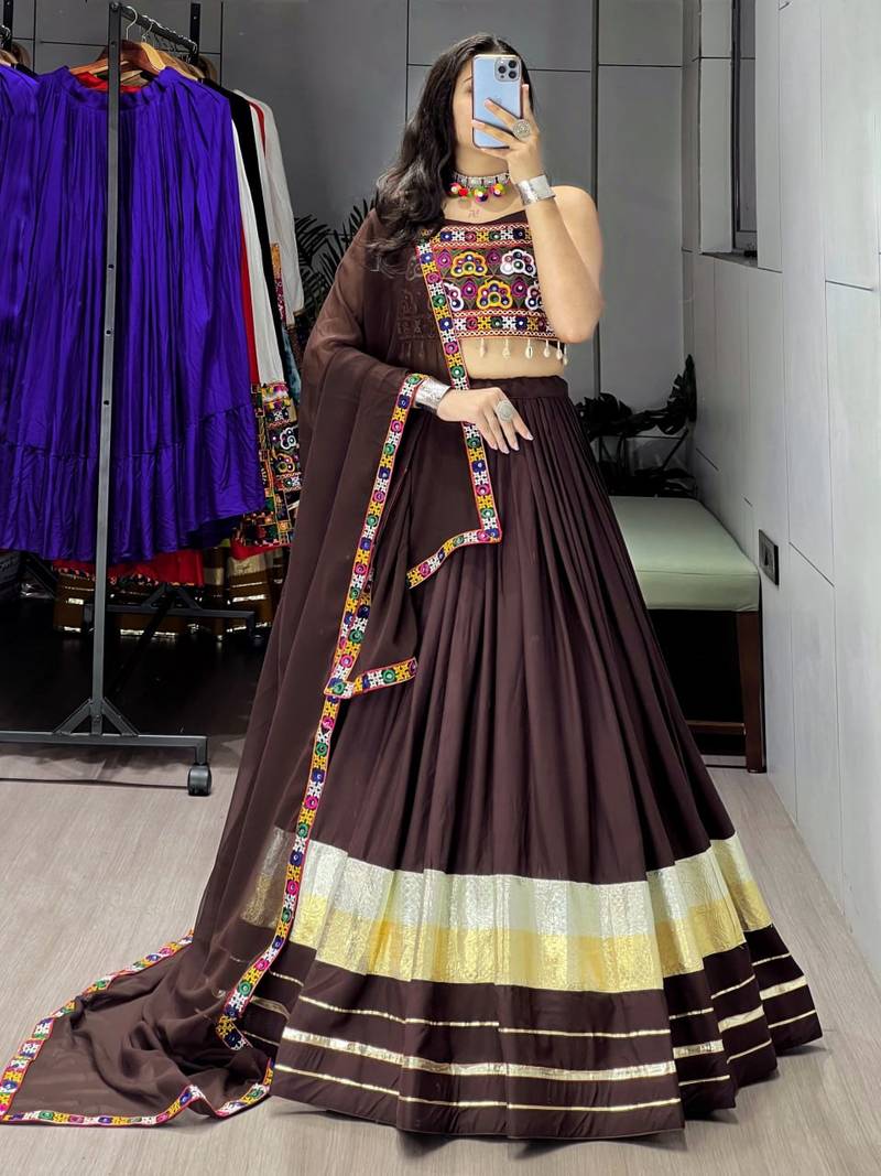 BRAWN RAYON COTTON EMBROIDERY NAVRATRI TOP CHANIYA CHOLI- full stitched free size