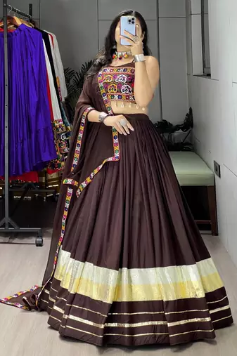 BRAWN RAYON COTTON EMBROIDERY NAVRATRI TOP CHANIYA CHOLI- full stitched free size
