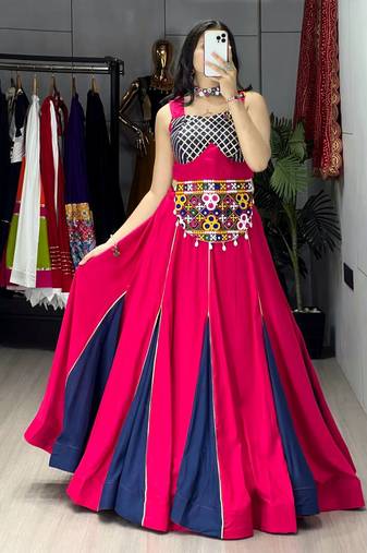 GAJARI NAVY BLUE RAYON COTTON EMBROIDERY NAVRATRI TOP CHANIYA CHOLI- full stitched free size