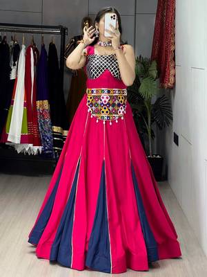 GAJARI NAVY BLUE RAYON COTTON EMBROIDERY NAVRATRI TOP CHANIYA CHOLI- full stitched free size 2