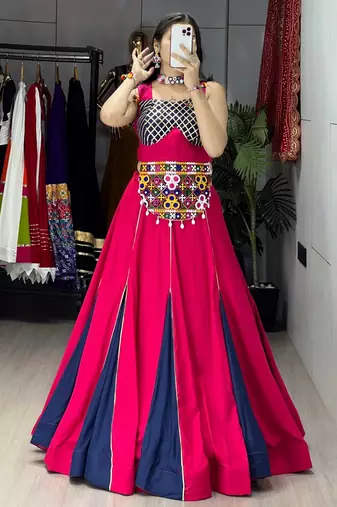 GAJARI NAVY BLUE RAYON COTTON EMBROIDERY NAVRATRI TOP CHANIYA CHOLI- full stitched free size
