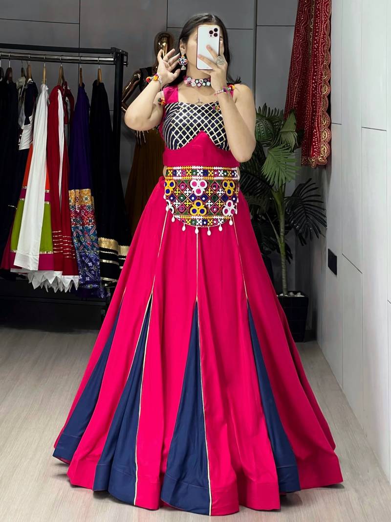 GAJARI NAVY BLUE RAYON COTTON EMBROIDERY NAVRATRI TOP CHANIYA CHOLI- full stitched free size