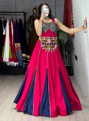 GAJARI NAVY BLUE RAYON COTTON EMBROIDERY NAVRATRI TOP CHANIYA CHOLI- full stitched free size 3