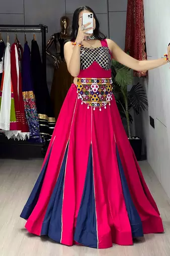 GAJARI NAVY BLUE RAYON COTTON EMBROIDERY NAVRATRI TOP CHANIYA CHOLI- full stitched free size