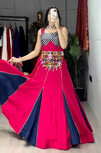 GAJARI NAVY BLUE RAYON COTTON EMBROIDERY NAVRATRI TOP CHANIYA CHOLI- full stitched free size