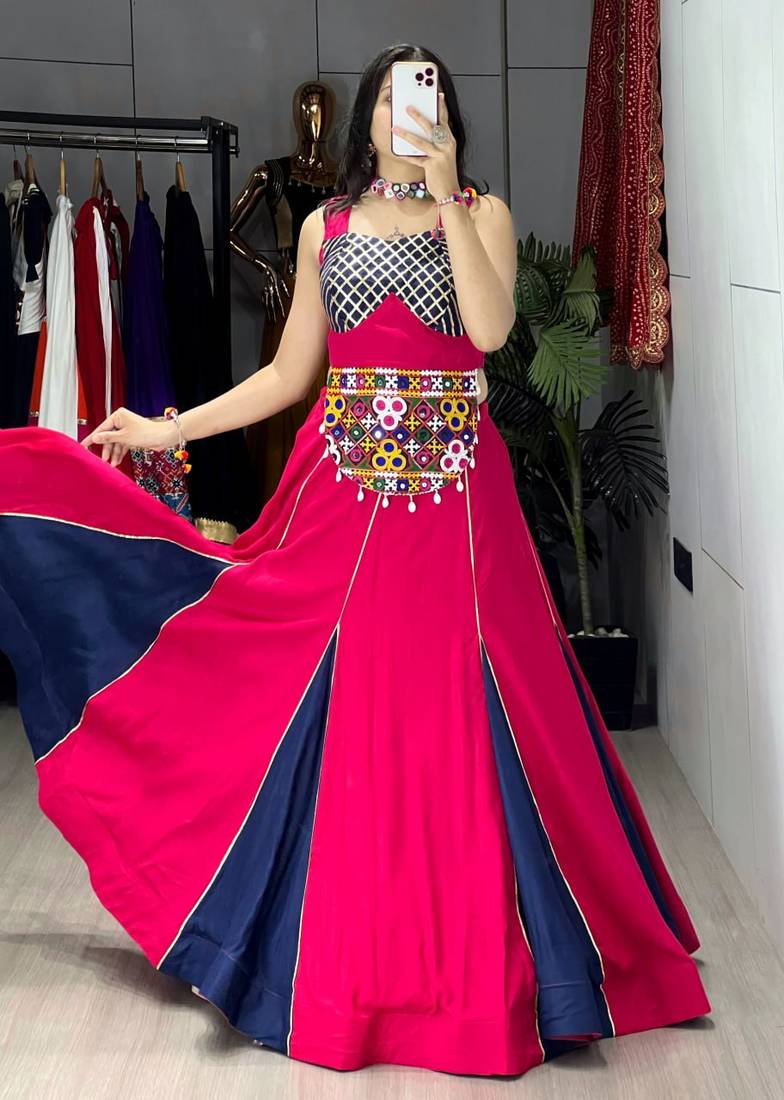 GAJARI NAVY BLUE RAYON COTTON EMBROIDERY NAVRATRI TOP CHANIYA CHOLI- full stitched free size