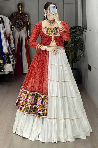 RED AND WHITE RAYON COTTON EMBROIDERY  SEMI STICHED NAVRATRI  TOP CHANIYA CHOLI