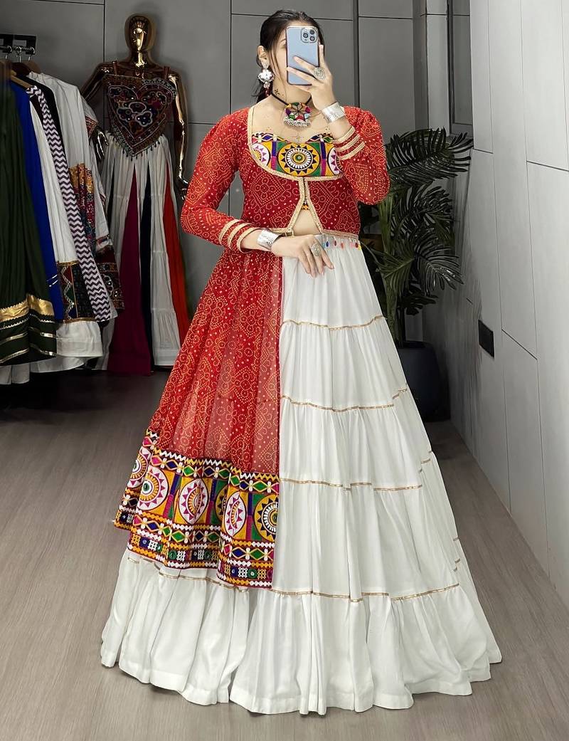 RED AND WHITE RAYON COTTON EMBROIDERY  SEMI STICHED NAVRATRI  TOP CHANIYA CHOLI