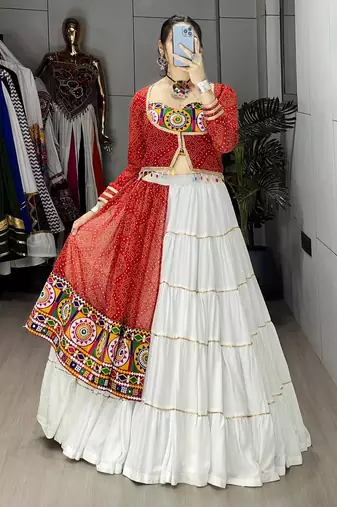 RED AND WHITE RAYON COTTON EMBROIDERY  SEMI STICHED NAVRATRI  TOP CHANIYA CHOLI