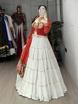 RED AND WHITE RAYON COTTON EMBROIDERY  SEMI STICHED NAVRATRI  TOP CHANIYA CHOLI 3