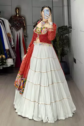 RED AND WHITE RAYON COTTON EMBROIDERY  SEMI STICHED NAVRATRI  TOP CHANIYA CHOLI