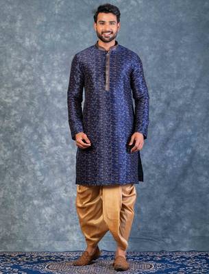 navy blue  kurta dhoti  set for men with embroidered work 3