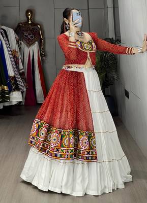 RED AND WHITE RAYON COTTON EMBROIDERY  SEMI STICHED NAVRATRI  TOP CHANIYA CHOLI 4