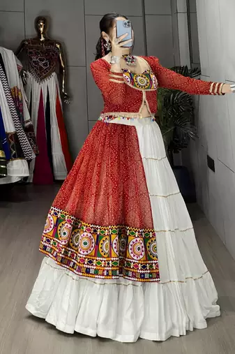 RED AND WHITE RAYON COTTON EMBROIDERY  SEMI STICHED NAVRATRI  TOP CHANIYA CHOLI