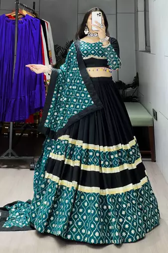 GREEN BLACK RAYON COTTON EMBROIDERY NAVRATRI TOP CHANIYA CHOLI- full stitched free size